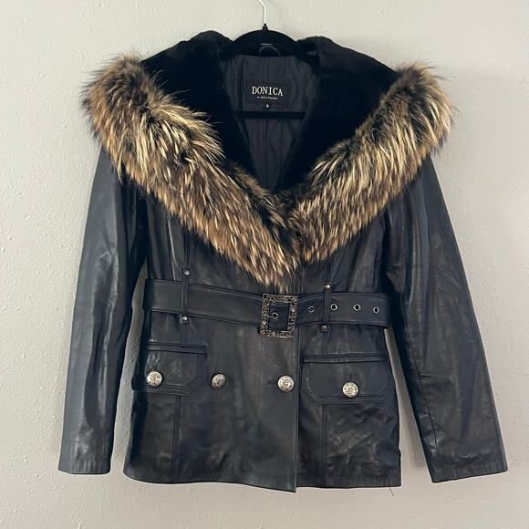 Donica Black Leather Jacket Women’s S Faux Fur Collar Double Breasted Mob Wife - Picture 2 of 10